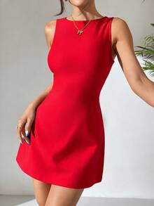 SHEIN EZwear 红色无袖露背编织连衣裙（女款） - 紅色 - 查看 4