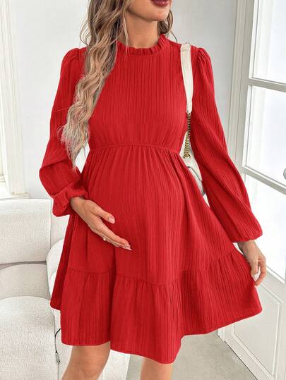 SHEIN Maternity Elegant Green Long Dress, Lantern Sleeve, High Slit Hem, Fitted Dress For Pregnant Women