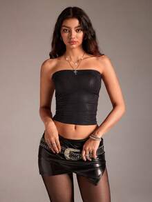 TRNVIE 1pc Women's Black Crocodile Print Coated Elastic Wrap Chest Pleated Backless Casual High Street Party Club Sexy Camisole Top, Suitable For Spring/Summer, Autumn/Winter, Valentine's Day, Holiday - Black - View 5