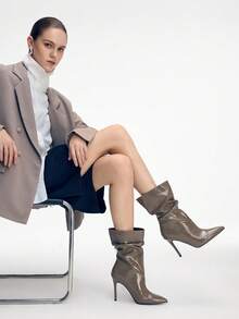 Mnmlis Women's Fashion Versatile Pointed Toe Mid-Calf High Heel Boots For Christmas - Khaki - View 8