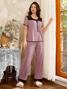 Côtesoire Conjunto de pijama francês casual com detalhes em renda e mangas curtas - Rosa - Ver 3