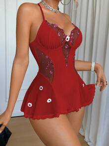 SHEIN Embroidered Lace Patchwork Hollow Out Sexy Open Back Knitted Camisole Jumpsuit For Women Red Bodysuit Women - Burgundy - View 5