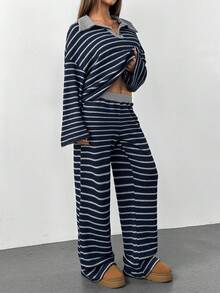 SHEIN PETITE Women's 2pcs Set Loose Striped V-Neck Drop Shoulder Long Sleeve T-Shirt &Elastic Waist Striped Pants, Winter Sweater Suit ,Autumn/Winter Two Piece Set Women Comfy Two Piece Set Two Piece Lounge Set Striped Two Piece Set Comfortable Two Piece Set - Multicolor - View 3