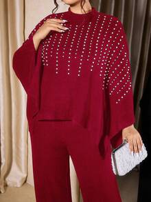 Allurite 大码女装两件套，长袖上衣和长裤，针织高弹条纹面料，保暖舒适，亲肤透气，适合秋冬季节穿着，优雅百搭，适合下午茶、时尚外出、朋友聚会、新年派对、感恩节等场合，黑色大码两件套 - 紅色 - 查看 6