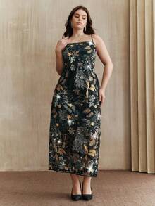 Anewsta Elegant Floral Beaded Midi Dress With Colorful Patterns, Plus Size For Party - Black - View 2