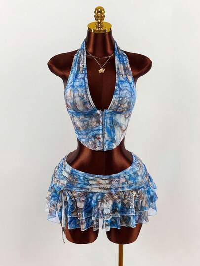 Amplova Y2K 2pcs Women Leopard Print Sexy Tie Dye Halter Top And Ultra Low Waist Mini Skirt Set Resort Wear Women Festival Two Piece Outfit Two Piece Set Women Vacation BLUE Casual Dresses For Women