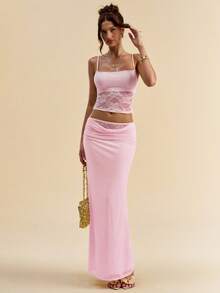 SHEIN BAE Bộ áo hai dây và chân váy ren phối ren mỏng nhẹ dành cho nữ, thời trang cho kỳ nghỉ và tiệc tùng. - Màu Hồng baby - Xem 3