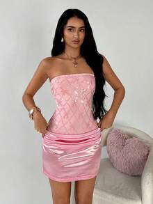 TRNVIE Pink Sequin & Satin Patchwork Strapless Waist Cinched Party/Valentine's Day Mini Dress For Women, Spring/Summer - Pink - View 6