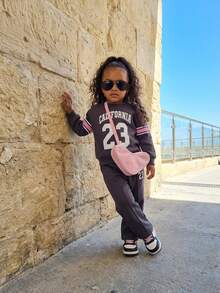 SHEIN Baby Girl Casual Sports Style Numeric & Letter Print Fleece Sweatshirt And Seam Front Sweatpants Set, Autumn/Winter - Dark Grey - View 1