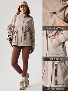 Women Outdoor Jacket Solid Color Hiking Camping Drawstring Waist Hooded Outdoor Top Spring - Khaki - View 5