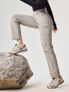 OutZeal 女士凉感弹力尼龙修身拉链口袋户外裤，适合露营和徒步旅行 - 灰卡其色 - 查看 7