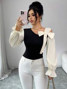 Elenzga 优雅斜肩蝴蝶结装饰修身灯笼袖上衣，适合约会、购物、日常穿着、音乐节等场合，春秋季款 - 黑色 - 查看 7