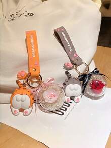 2 PCS Cat Butt Keychain With Preserved Flower Resin Charm Funny Couple Gift Prank Bag Charm Cute Animal Design For Best Friends Matching Accessory Viral - Multicolor - View 1