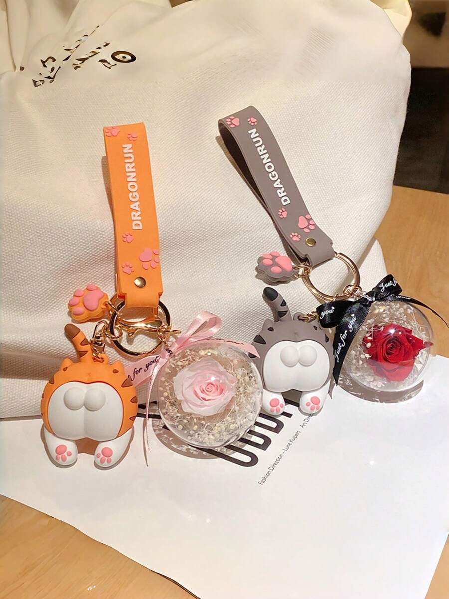 2 PCS Cat Butt Keychain With Preserved Flower Resin Charm Funny Couple Gift Prank Bag Charm Cute Animal Design For Best Friends Matching Accessory Viral - Multicolor - View 1