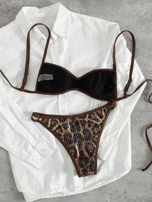 Swim SXY Women's Sexy Halter Leopard Print Sequin Swimsuit Two Pieces Set, Elegant Vacation Beach Outfit, Spring/Summer - Multicolor - View 6