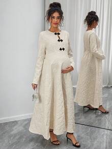 Momance Elegant Contrast Color Button Jacquard Long Sleeve Dress - Apricot - View 5