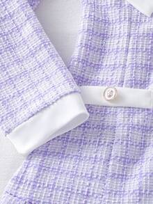 SHEIN 女童格子蝴蝶结装饰长袖连衣裙 - 紫色 - 查看 7