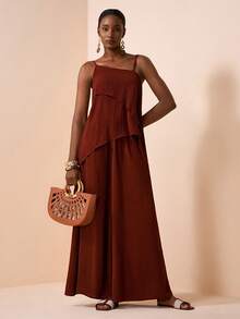 Zivah 2026 Spring/Summer New Valentine's Day, Music Festival, Easter, Western, Nomadic, Bohemian, Nashville Inspired Party, Wedding, Evening, Date, Gathering, Birthday, Collegiate, Student, Daily Casual, Versatile, Leisure, Cruise Travel, Beach, Sunbathing, Elegant, Commute, Business Casual Loose Camisole Top + Wide Leg Pants Set, Real Pockets, Brown 2-Piece Set, Spring/Summer Set, Vacation Set, Casual Set, Women's 2-Piece Outfit - Rust Brown - View 7