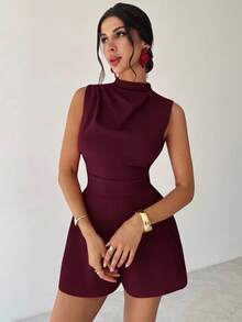 Firerie Women's Elegant Minimalist Delicate Romantic Sweet Daily Commute Wedding Party Music Festival Vacation Pleated A-Line Mini Dress Romper, Red - Maroon - View 4