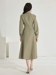 Heiryn Damen einfarbiges langärmliges Midi-Kleid mit Bindedetail, modisch und vielseitig - Olivgrün - Übersicht 6