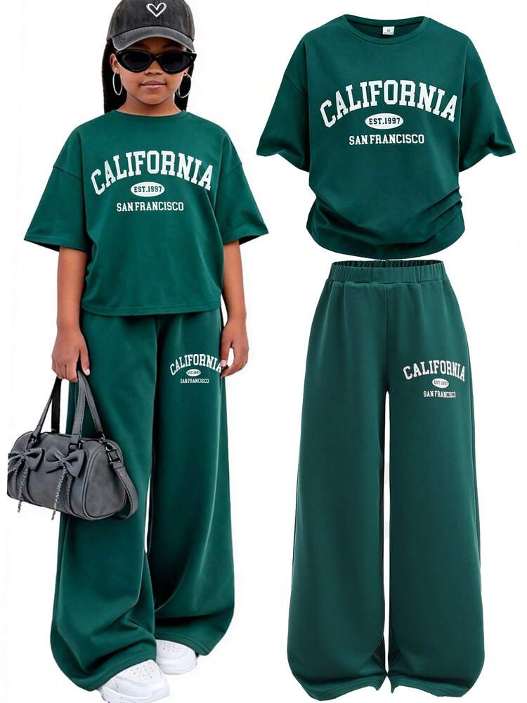 Girlism Completo casual da ragazza pre-adolescente composto da maglietta a coste aderente con ricamo a pony e leggings, 2 pezzi per uso quotidiano - Verde Scuro - Visualizzare 9