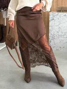 Siren Gaze Women's Lace Patchwork Skirt, Coffee Brown, Brown Skirt, Elegant Dress Women, New Year Clothes, Party Dresses, Beach Skirt, Satin Lace Skirt, Party, New Year, Date Outfit  Lace Maxi Skirt Long Brown Skirt Asymmetrical Skirt Slit Skirt See Through Skirt Summer - Coffee Brown - View 1