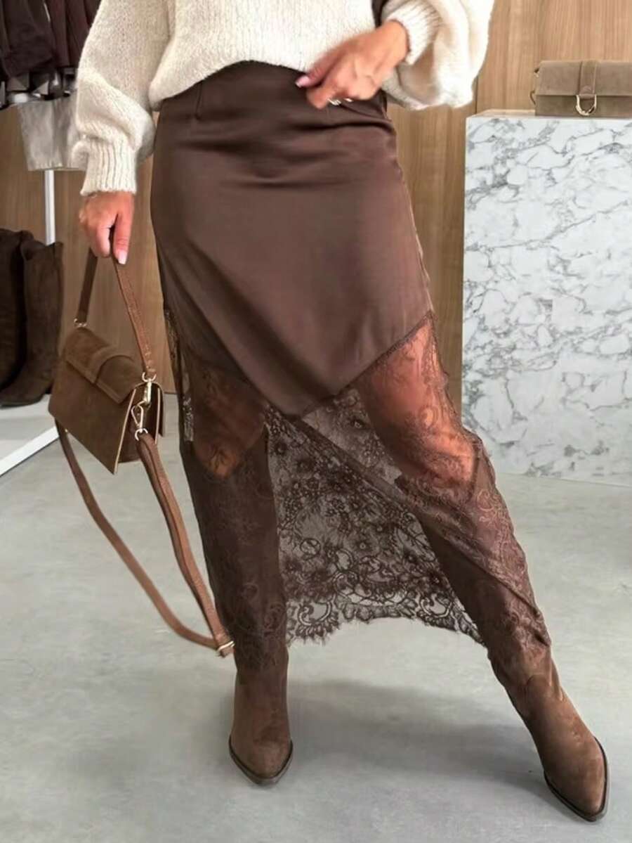 Siren Gaze Women's Lace Patchwork Skirt, Coffee Brown, Brown Skirt, Elegant Dress Women, New Year Clothes, Party Dresses, Beach Skirt, Satin Lace Skirt, Party, New Year, Date Outfit  Lace Maxi Skirt Long Brown Skirt Asymmetrical Skirt Slit Skirt See Through Skirt Summer - Coffee Brown - View 1