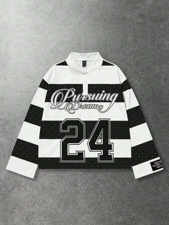 Street Life T-shirt imprimé à manches longues avec col rayé, style décontracté de type universitaire pour hommes