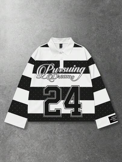 Street Life Camiseta de manga larga con cuello a rayas y estampado, estilo universitario casual para hombres