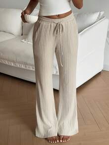 FavEase 女士纹理针织喇叭裤，带口袋和松紧腰带 - 杏色 - 查看 7