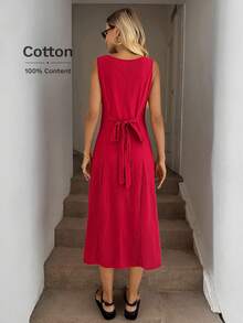 Easowa Square Neck Ruched Bust Cup High Slit Back Tie Cinched Waist A-Line Midi Dress, Sourced Cotton Fabric, Casual Vacation Elegant For Women,Summer Dresses For Women - Red - View 8