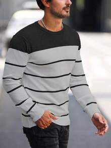 Manfinity Mode Men's Striped Crew Neck Long Sleeve Casual Pullover Sweater Men Striped Sweater , Fall Winter - Multicolor - View 4