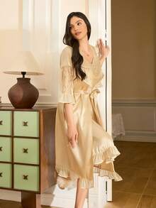 Moireta Women's Elegant Romantic Vintage Lace Ruffle Patchwork Satin Criss-Cross Tie Mesh Bow Sleepwear Set, Suitable For Valentine's Day And Wedding Season - Champagne - View 4
