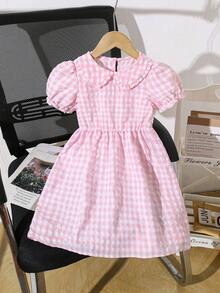 Elladie kids 少女格子短袖夏季休闲连衣裙 - 粉色 - 查看 3