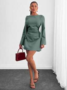EURMUSE Women, Autumn, Short Dress, Tie Shoulder, Zipper, Flare Sleeve, - Mint Green - View 3