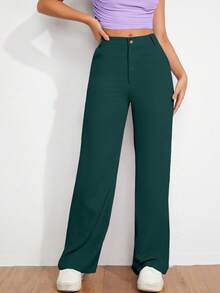 SHEIN Cottnline Casual Versatile Solid Color Straight Leg Pants - Green - View 5