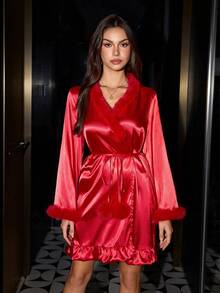 SilkySpell Women's Robe With Ruffle Hem, Faux Silk Patchwork, And Furry Waist Tie Satin Sleepwear Set Red Satin Pajamas Women Satin Robe Red Satin Robe - Red - View 8