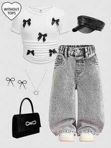 Baby Girl Cute Loose Fit Light Gray Denim Pants,Fall Clothes,Winter Clothing ,Casual And Fashionable Vacation Outfits,2000s Style  ,Christmas Clothing,Gray  Denim  Pants  ,Street Wear - Light Grey - View 1