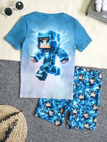 小男孩创意卡通机器人与闪电图案印花短袖连体衣和短裤两件套睡衣套装