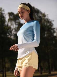 SHEIN In My Nature 女士渐变印花圆领长袖户外T恤，徒步露营运动上衣 - 彩色 - 查看 9