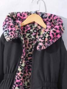 SHEIN 1pc Girls Leopard Print Reversible Fluffy Long Sleeve Windbreaker Jacket, Suitable For Autumn/Winter - Multicolor - View 7