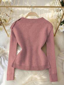 SHEIN LUNE Elegant Metallic Starfish Button Decor Collared Waist Cinched Cardigan, Blogger Style, Slim Fit - Dusty Pink - View 2
