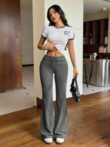 SHEIN EZwear 2 chiếc quần dài ống loe cạp chun rút dây mới cho nữ, thích hợp cho các hoạt động ngoài trời - màu đen - Xem 6