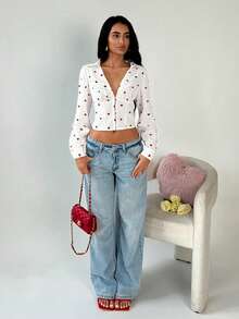 TRNVIE Women's Heart Print Long Sleeve Cropped Fitted Fashionable Sexy Blouse - Red and White - View 4