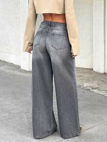 EURMUSE Farbverlauf-Schrägtaschen Lässig Weite Bein Jeans mit Niedriger Taille - Mittele Waschung - Übersicht 2