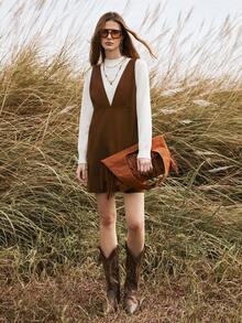 SHEIN Unity Women's Autumn/Winter Outerwear Bohemian Retro Fashion Short Brown Wool Blend Tank Dress - Brown - View 3