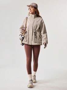 Women Outdoor Jacket Solid Color Hiking Camping Drawstring Waist Hooded Outdoor Top Spring - Khaki - View 6