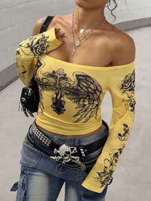Maweii 大码女式性感露肩印花长袖上衣T恤，适合春秋季穿着 - 黃色 - 查看 5