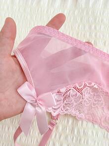 SHEIN 5pcs/Set Sexy Lace & Mesh Lingerie Set For Women (Includes Underwire Bra, G-String, Waist Belt, 2pcs Fishnet Stockings) - Pink - View 5