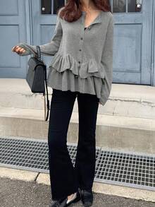 FRIFUL Women's Round Neck Metal Button Decor Hem Layered Ruffle Trim Fitted Casual T-Shirt - Light Grey - View 2